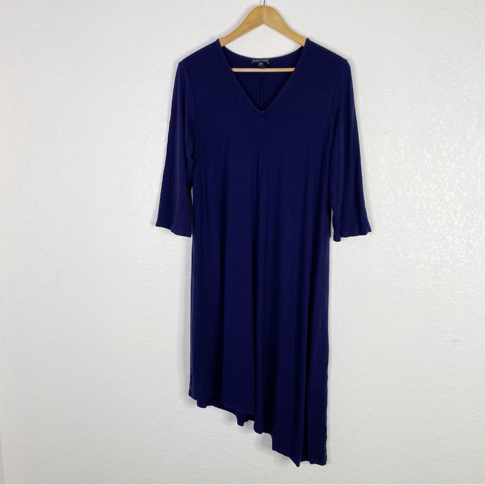 Eileen Fisher Navy Blue Stretch Jersey Asymmetrical Hem Dress